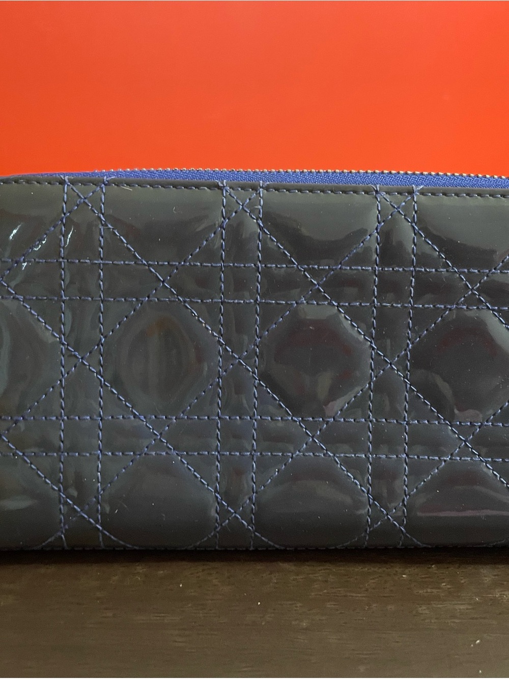 Dior Blue Quilted Zip Wallet with Silver Hardware